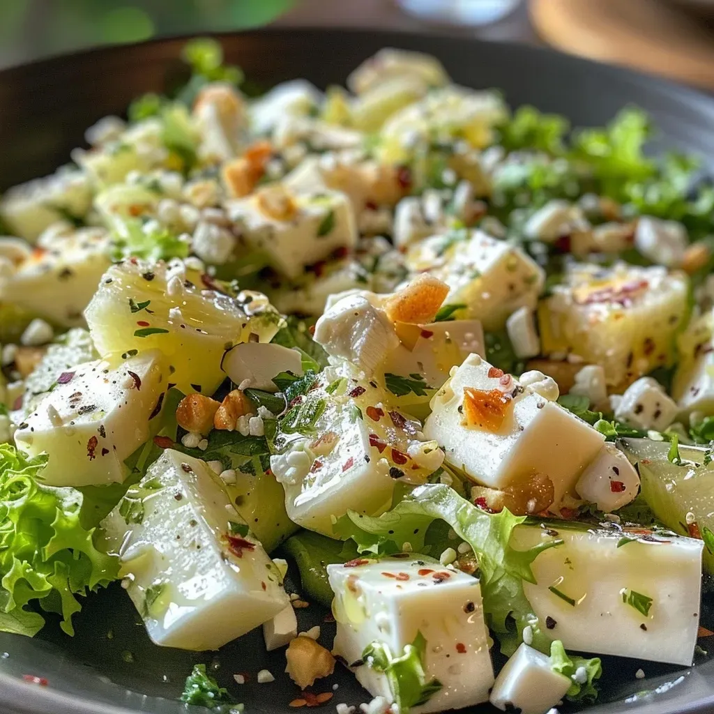 ['Salada verde com queijo azul, maçã vermelha e nozes em um prato.', 'Close-up de salada verde com queijo, maçã e nozes, mostrando ingredientes frescos.', 'Imagem de uma salada colorida com folhas verdes, queijo, maçã e nozes.', 'Salada de folhas verdes com pedaços de queijo azul, maçã e nozes crocantes.']