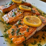 ['Prato de salmão ao molho de limão siciliano com couve-flor gratinada.', 'Salmão suculento servido com couve-flor coberta de queijo gratinado.', 'Filé de salmão ao molho cítrico acompanhado de couve-flor gratinada.', 'Close-up de salmão ao limão siciliano e couve-flor gratinada.']