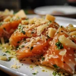 ['Lombos de salmão cozido em molho cremoso com ervas.', 'Close-up de salmão com molho de parmesão e alho.', 'Prato de salmão coberto com molho de ervas e queijo.', 'Salmão suculento servido com molho de alho e parmesão.']