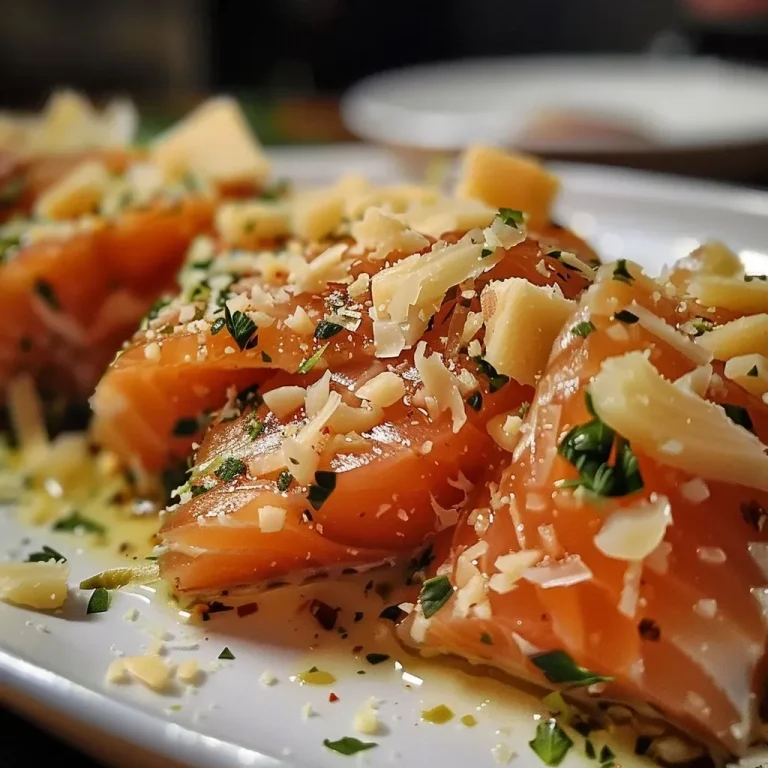 ['Lombos de salmão cozido em molho cremoso com ervas.', 'Close-up de salmão com molho de parmesão e alho.', 'Prato de salmão coberto com molho de ervas e queijo.', 'Salmão suculento servido com molho de alho e parmesão.']