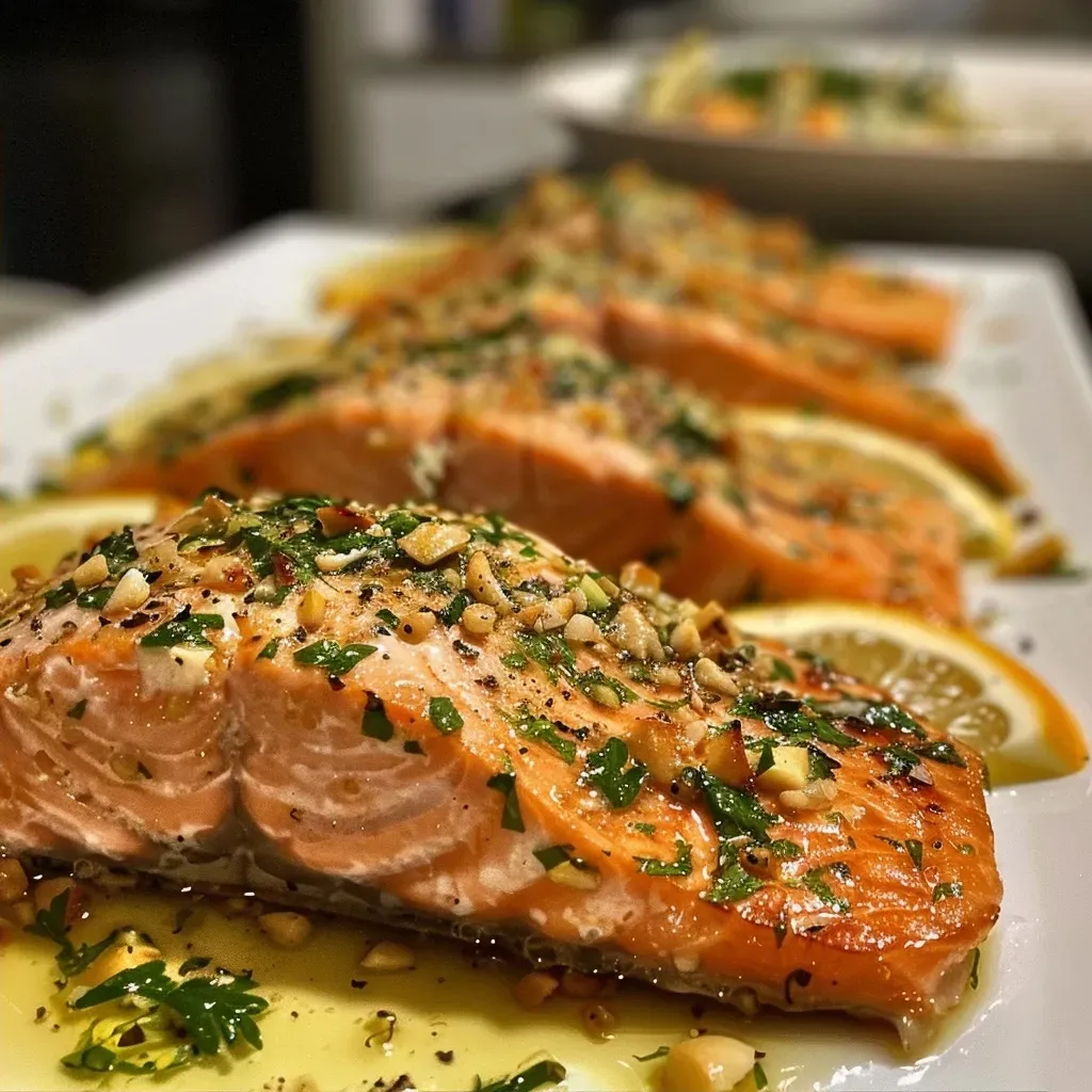 ['Filé de salmão grelhado ao lado de ervas frescas.', 'Salmão suculento com limão e ervas em prato.', 'Close-up de salmão grelhado com temperos aromáticos.', 'Salmão marinado em ervas, servido em uma travessa.']