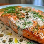['Filé de salmão grelhado ao lado de molho de iogurte com limão e alcaparras.', 'Salmão suculento grelhado com molho cremoso de iogurte e alcaparras.', 'Prato de salmão grelhado servido com molho de iogurte, limão e ervas.', 'Close-up de filé de salmão grelhado com molho de iogurte e capers.']