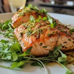 ['Lombo de salmão assado com ervas e rodelas de limão.', 'Salmão no forno com molho de ervas e microgreens.', 'Detalhe de salmão assado com alho e cebola roxa.', 'Salmão grelhado decorado com rúcula e ervas frescas.']