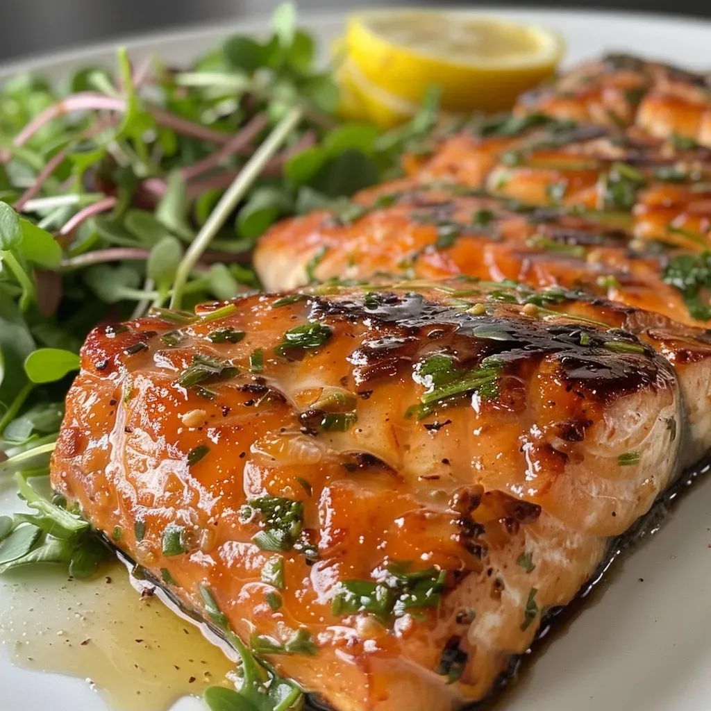 ['Lombo de salmão assado com ervas e rodelas de limão.', 'Salmão no forno com molho de ervas e microgreens.', 'Detalhe de salmão assado com alho e cebola roxa.', 'Salmão grelhado decorado com rúcula e ervas frescas.']