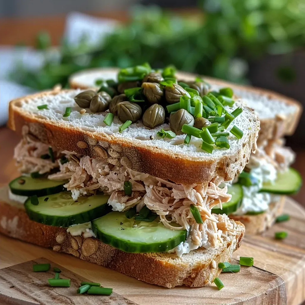 ['Sanduíche de atum com pepino, em close lateral.', 'Detalhe de um sanduíche de atum com fatias de pepino.', 'Sanduíche suculento de atum e pepino, visto de lado.', 'Imagem lateral de um sanduíche de atum com queijo e pepino.']