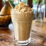 ['Smoothie de banana e coco em um copo.', 'Copo de smoothie cremoso de banana e coco.', 'Bebida refrescante de banana e coco com gelo.', 'Close de smoothie de banana e leite de coco.']