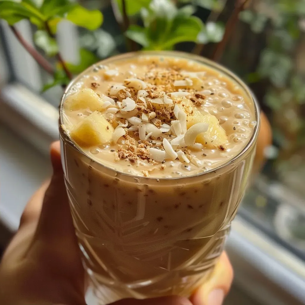 ['Smoothie de banana e coco em um copo.', 'Copo de smoothie cremoso de banana e coco.', 'Bebida refrescante de banana e coco com gelo.', 'Close de smoothie de banana e leite de coco.']