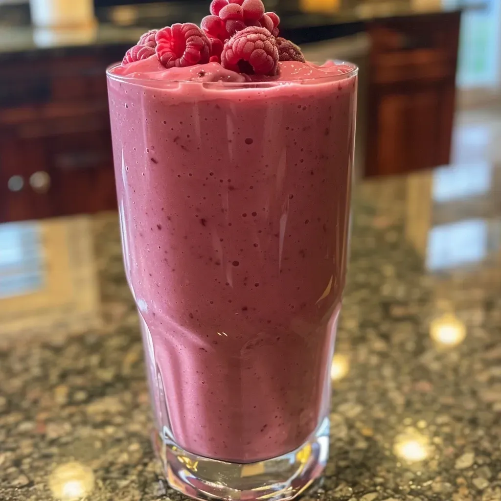 ['Close-up de um smoothie de framboesa cremoso em um copo.', 'Bebida de smoothie de framboesa com frutas e ingredientes frescos ao lado.', 'Vista lateral de um delicioso smoothie de framboesa em um copo transparente.', 'Imagem de um smoothie de framboesa decorado com framboesas frescas.']