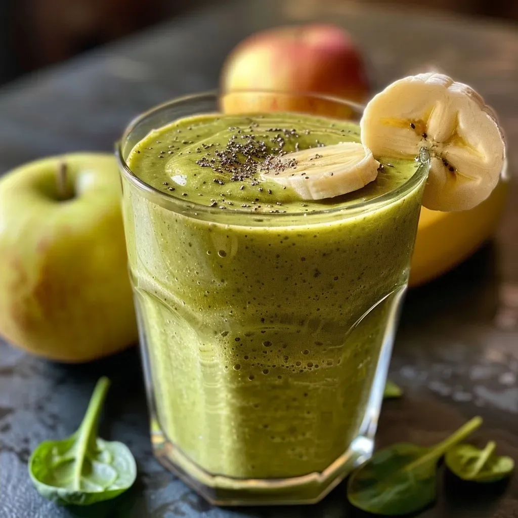['Smoothie verde com maçã e espinafre em copo transparente.', 'Close-up de um smoothie de maçã e espinafre, cremoso e fresco.', 'Bebida saudável feita com espinafre e maçã, servida em um copo.', 'Copo com smoothie de espinafre e maçã, decorado com frutas.']