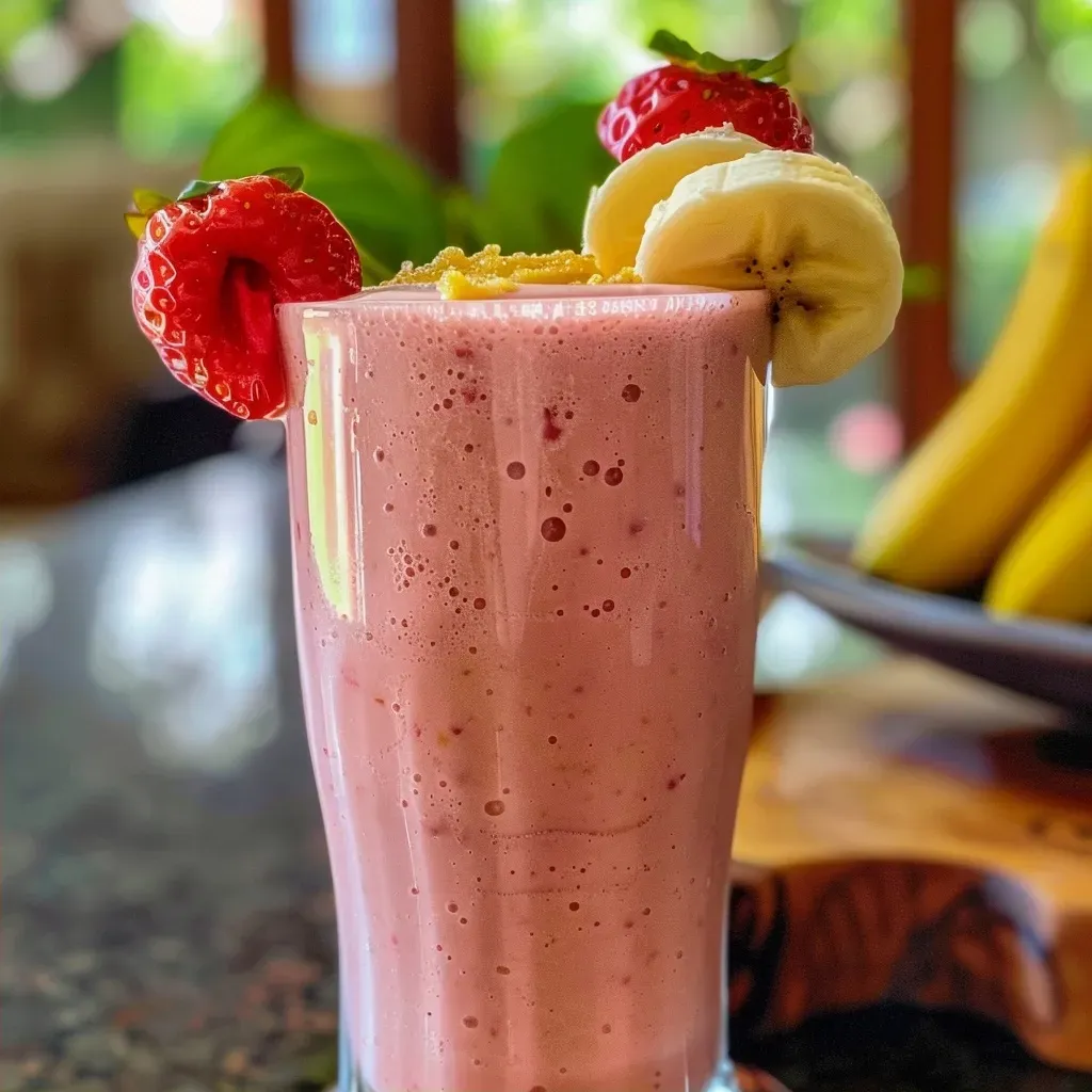 ['Smoothie de morango com iogurte em um copo transparente.', 'Bebida cremosa de morango e iogurte vista de lado.', 'Close-up de um smoothie de morango em tom vermelho vibrante.', 'Copo de smoothie de morango com ingredientes frescos ao fundo.']
