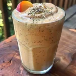 ['Smoothie de pêssego cremoso em um copo.', 'Close de um smoothie de pêssego com textura espessa.', 'Bebida de pêssego proteica em um copo transparente.', 'Smoothie de pêssego com ingredientes frescos ao fundo.']