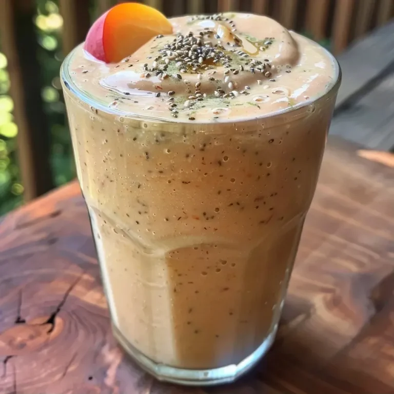 ['Smoothie de pêssego e banana em um copo, com gelo.', 'Close-up de um smoothie de pêssego cremoso em um copo.', 'Smoothie de pêssego com pedacinhos de frutas e gelo.', 'Bebida refrescante de pêssego em um copo transparente.']