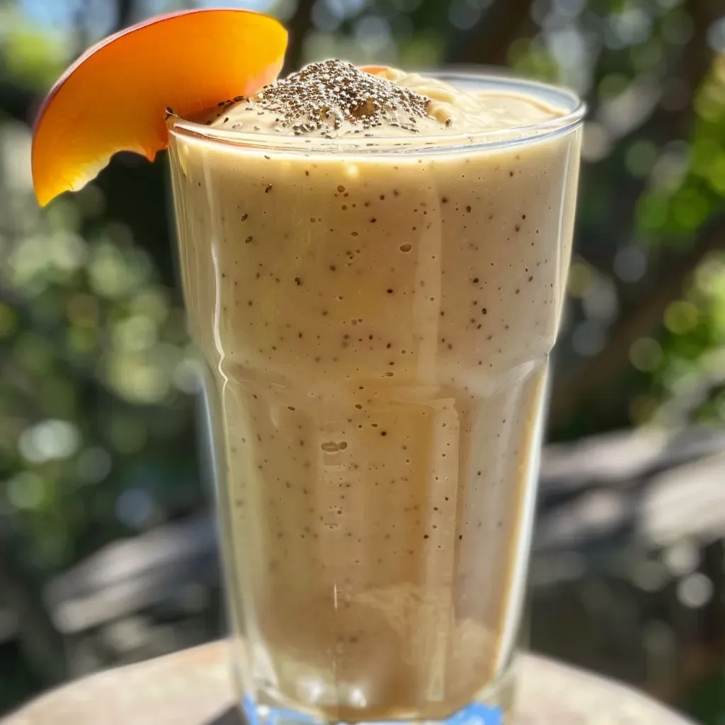 ['Smoothie de pêssego e banana em um copo, com gelo.', 'Close-up de um smoothie de pêssego cremoso em um copo.', 'Smoothie de pêssego com pedacinhos de frutas e gelo.', 'Bebida refrescante de pêssego em um copo transparente.']