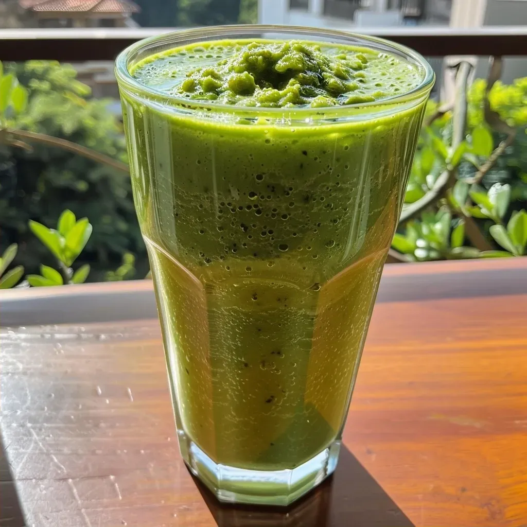 ['Smoothie verde em um copo, com couve, maçã e gengibre.', 'Close de um smoothie saudável verde com ingredientes frescos.', 'Bebida verde em copo, mostrando textura cremosa e ingredientes.', 'Smoothie de couve, maçã e gengibre em uma mesa.']