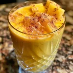 ['Close-up de um copo de suco de abacaxi com hortelã, gelado e refrescante.', 'Suco de abacaxi decorado com folhas de hortelã em um copo com gelo.', 'Imagem lateral de um suco verde claro de abacaxi e hortelã com cubos de gelo.', 'Copo de suco de abacaxi fresco com hortelã em ambiente iluminado.']