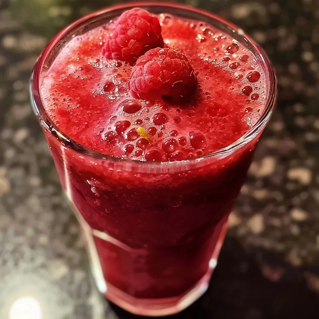 ['Close-up de um copo de suco de framboesa com gelo.', 'Suco de framboesa em um copo transparente, com framboesas ao fundo.', 'Detalhe de um suco de framboesa refrescante servido com gelo.', 'Copo de suco de framboesa, suculento e colorido, em ambiente natural.']