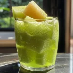 ['Suco de melão com maçã verde em um copo, decorado com hortelã.', 'Close de um copo de suco de melão e maçã verde, com gelo e hortelã.', 'Bebida refrescante de melão e maçã verde em um recipiente transparente.', 'Copo de suco gelado feito de melão e maçã verde, com folhas de hortelã.']