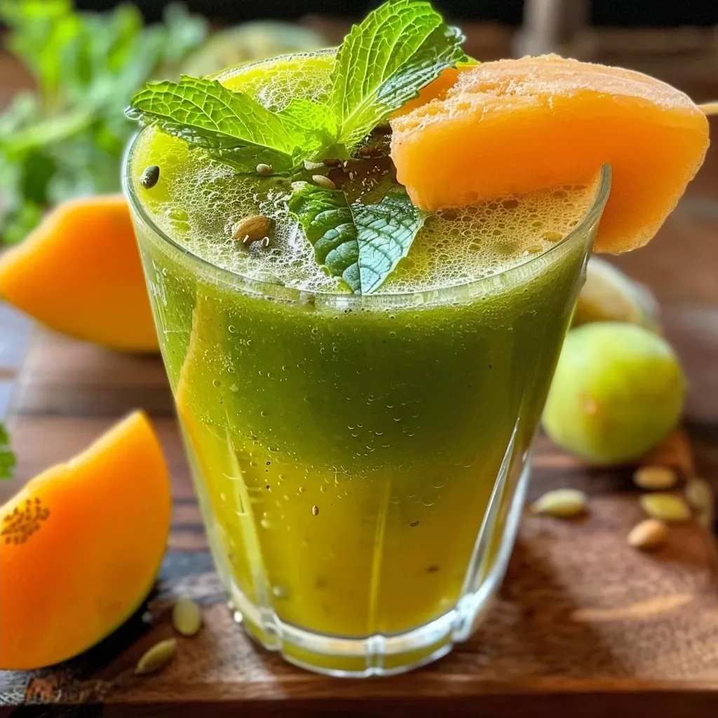 ['Suco de melão com maçã verde em um copo, decorado com hortelã.', 'Close de um copo de suco de melão e maçã verde, com gelo e hortelã.', 'Bebida refrescante de melão e maçã verde em um recipiente transparente.', 'Copo de suco gelado feito de melão e maçã verde, com folhas de hortelã.']