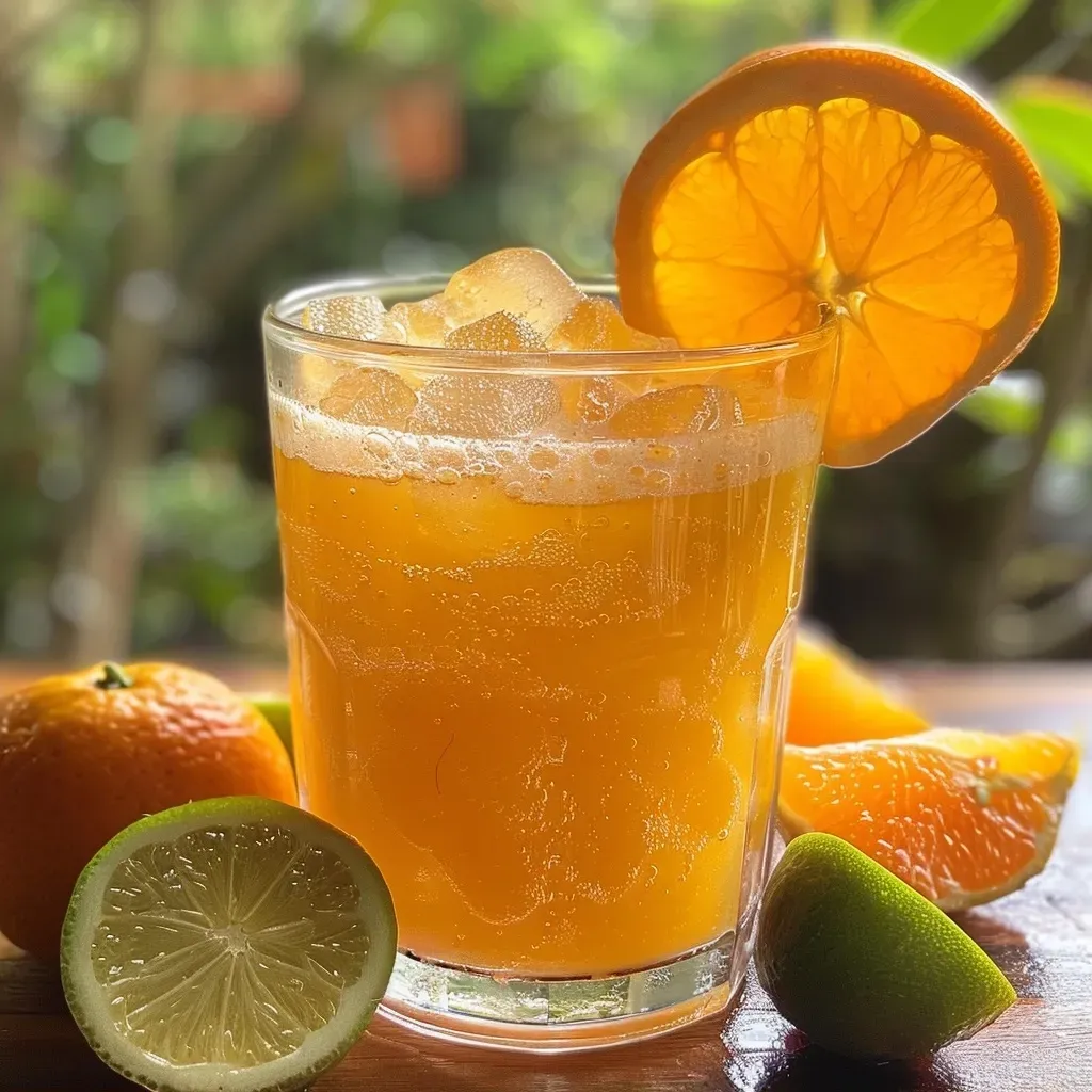 ['Copo com suco de tangerina fresco e gelo.', 'Suco de tangerina servido em copo com gelo.', 'Close de um copo de suco de tangerina refrescante.', 'Bebida de suco de tangerina com cubos de gelo.']