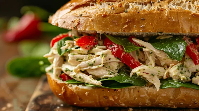 ['Sanduíche de salada de frango com pesto em close.', 'Vista lateral de um sanduíche de salada de frango com pesto.', 'Sanduíche de frango com molho pesto e vegetais.', 'Detalhe de um delicioso sanduíche de salada de frango.']