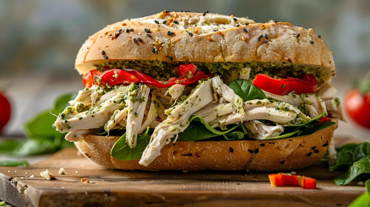 ['Sanduíche de salada de frango com pesto em close.', 'Vista lateral de um sanduíche de salada de frango com pesto.', 'Sanduíche de frango com molho pesto e vegetais.', 'Detalhe de um delicioso sanduíche de salada de frango.']