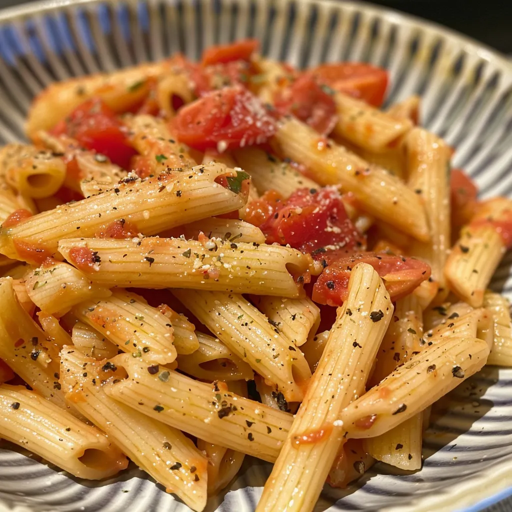 ['Penne Pomodoro servido em prato branco.', 'Close de um prato de Penne Pomodoro com molho vibrante.', 'Prato de Penne Pomodoro com folhas de manjericão fresco.', 'Porção de Penne Pomodoro com queijo parmesão ralado por cima.']