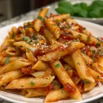['Prato de Penne Arrabiata com molho vermelho vibrante.', 'Close-up de Penne Arrabiata com ervas frescas e parmesão.', 'Penne Arrabiata servido em um prato, com tomate e manjericão.', 'Massa penne com molho de tomate picante e alho.']