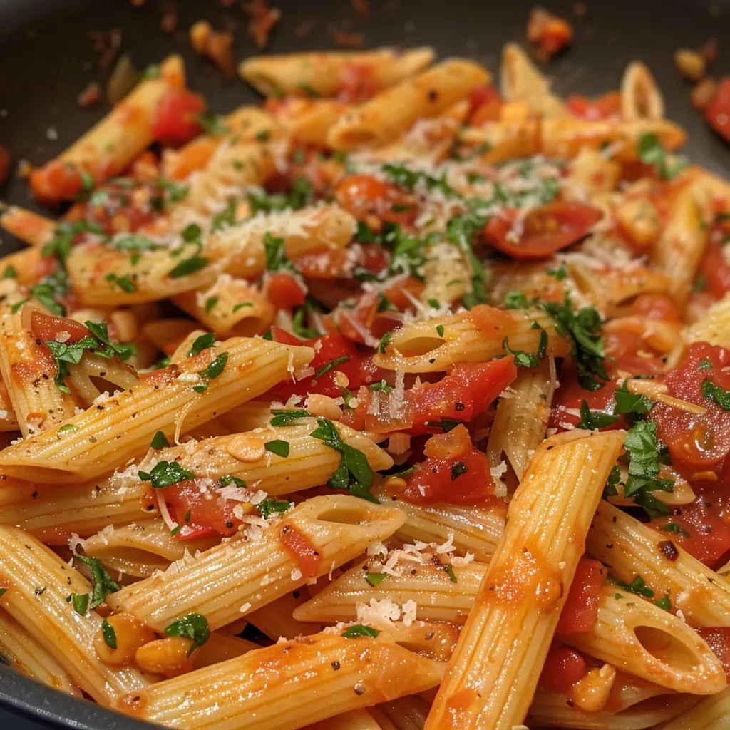 ['Prato de Penne Arrabiata com molho vermelho vibrante.', 'Close-up de Penne Arrabiata com ervas frescas e parmesão.', 'Penne Arrabiata servido em um prato, com tomate e manjericão.', 'Massa penne com molho de tomate picante e alho.']