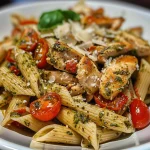 ['Prato de massa com frango grelhado e pesto.', 'Close de massa com frango e molho pesto.', 'Porção de macarrão integral com frango e tomate.', 'Prato colorido de pasta com pesto e frango grelhado.']
