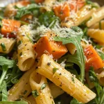 ['Prato de pasta com batata doce em cubos.', 'Close de pasta com batata doce e rúcula.', 'Porção de penne com batata doce e queijo parmesão.', 'Pasta com batata doce e molho balsâmico em prato.']