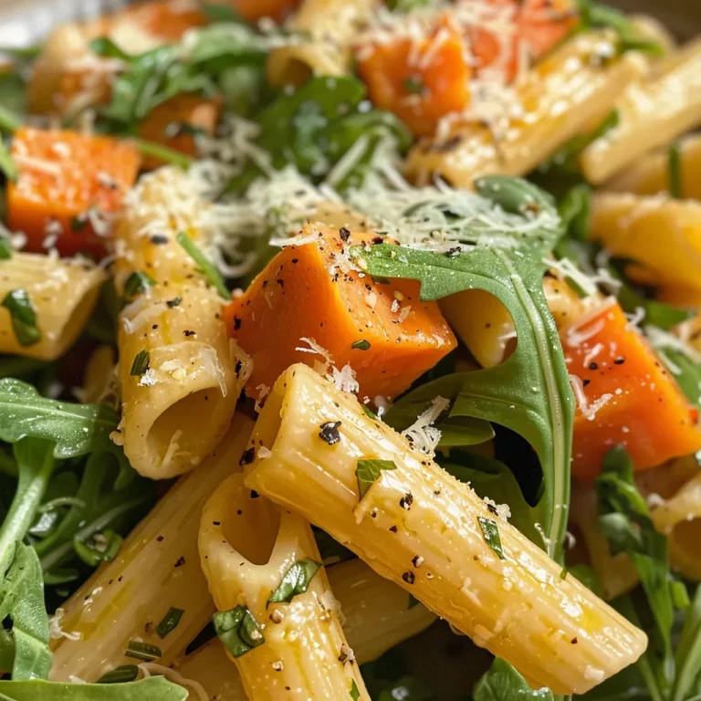 ['Prato de pasta com batata doce em cubos.', 'Close de pasta com batata doce e rúcula.', 'Porção de penne com batata doce e queijo parmesão.', 'Pasta com batata doce e molho balsâmico em prato.']