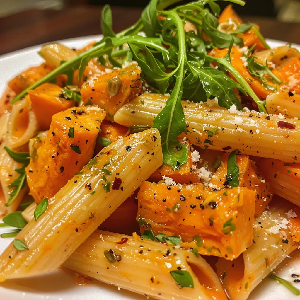 ['Prato de pasta com batata doce em cubos.', 'Close de pasta com batata doce e rúcula.', 'Porção de penne com batata doce e queijo parmesão.', 'Pasta com batata doce e molho balsâmico em prato.']