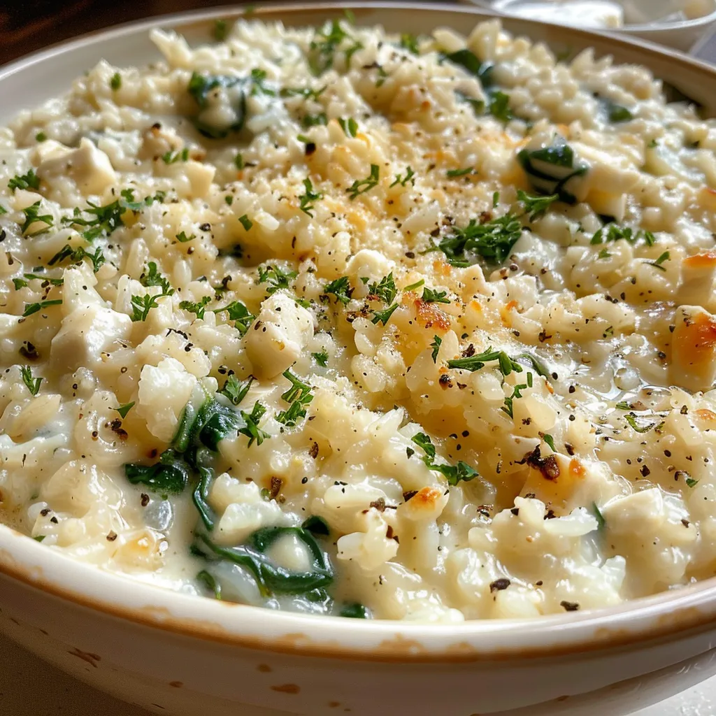 ['Prato de arroz cremoso com espinafre, apresentado de lado.', 'Close de arroz cremoso enriquecido com espinafre fresco.', 'Detalhe de um prato de arroz cremoso com espinafre e queijos.', 'Arroz cremoso com espinafre em foco, com queijos gratinados.']
