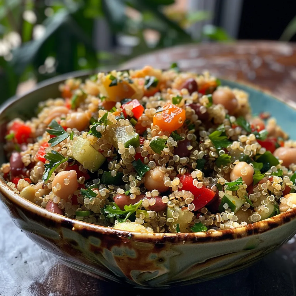 ['Salada de quinoa com atum, ingredientes frescos dispostos em prato.', 'Close de salada colorida de quinoa com atum, legumes e azeitonas.', 'Salada de quinoa com atum, ervas e vegetais, vista lateral.', 'Mistura de quinoa, atum e vegetais frescos em um prato.']