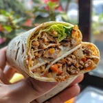 ['Wrap de atum montado com ingredientes frescos.', 'Close-up de um wrap de atum recheado.', 'Vista lateral de um wrap de atum apetitoso.', 'Ingredientes frescos dentro de um wrap de atum.']