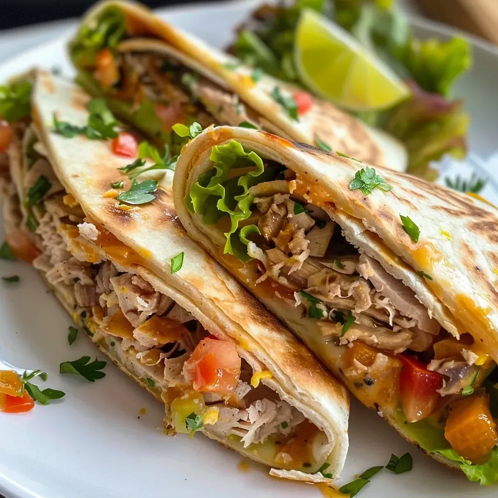 ['Wrap de atum montado com ingredientes frescos.', 'Close-up de um wrap de atum recheado.', 'Vista lateral de um wrap de atum apetitoso.', 'Ingredientes frescos dentro de um wrap de atum.']