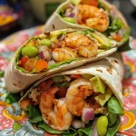 ['Wrap de camarão com abacate e legumes frescos.', 'Prato colorido de wrap low carb com camarão e molho.', 'Wrap de camarão recheado com verduras e queijo.', 'Close-up de wrap de camarão com ingredientes frescos.']