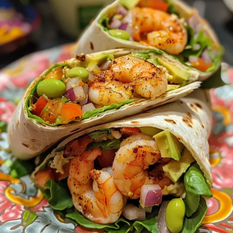 ['Wrap de camarão com abacate e legumes frescos.', 'Prato colorido de wrap low carb com camarão e molho.', 'Wrap de camarão recheado com verduras e queijo.', 'Close-up de wrap de camarão com ingredientes frescos.']