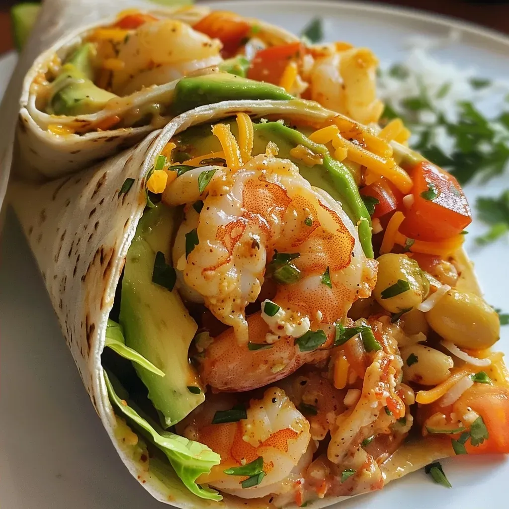['Wrap de camarão com abacate e legumes frescos.', 'Prato colorido de wrap low carb com camarão e molho.', 'Wrap de camarão recheado com verduras e queijo.', 'Close-up de wrap de camarão com ingredientes frescos.']