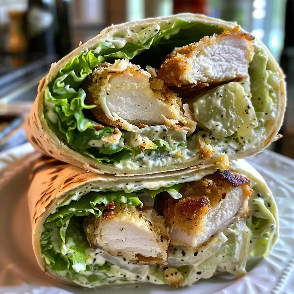 ['Wrap de frango Caesar recheado com alface, parmesão e molho.', 'Close-up de um wrap de frango Caesar com ingredientes frescos.', 'Wrap de frango Caesar apresentado de lado, mostrando seu recheio.', 'Delicioso wrap de frango Caesar com pedaços crocantes.']