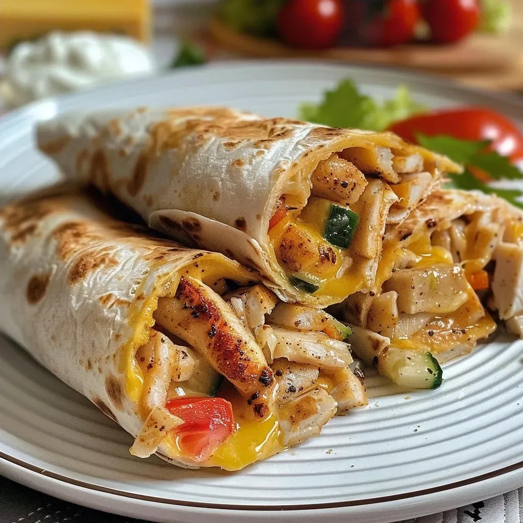 ['Wrap de frango crocante com molho de alho.', 'Close-up de um wrap de frango crocante recheado.', 'Tortilla recheada com tiras de frango empanadas e vegetais.', 'Frango crocante envolto em uma tortilla com molho.']