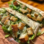 ['Wraps de frango Caesar com alface e queijo parmesão.', 'Close-up de um wrap de frango Caesar recheado.', 'Vista lateral de um wrap de frango Caesar suculento.', 'Wraps de frango Caesar envoltos em tortilla.']