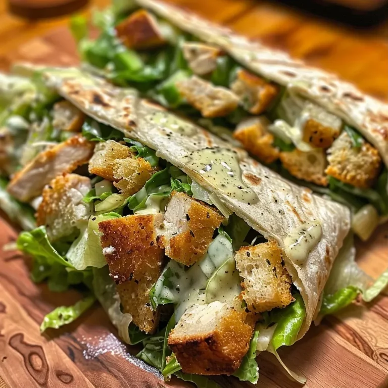 ['Wraps de frango Caesar com alface e queijo parmesão.', 'Close-up de um wrap de frango Caesar recheado.', 'Vista lateral de um wrap de frango Caesar suculento.', 'Wraps de frango Caesar envoltos em tortilla.']