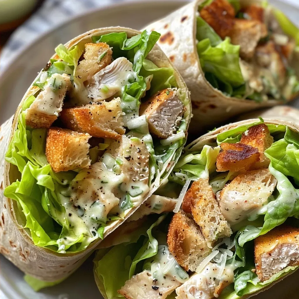 ['Wraps de frango Caesar com alface e queijo parmesão.', 'Close-up de um wrap de frango Caesar recheado.', 'Vista lateral de um wrap de frango Caesar suculento.', 'Wraps de frango Caesar envoltos em tortilla.']
