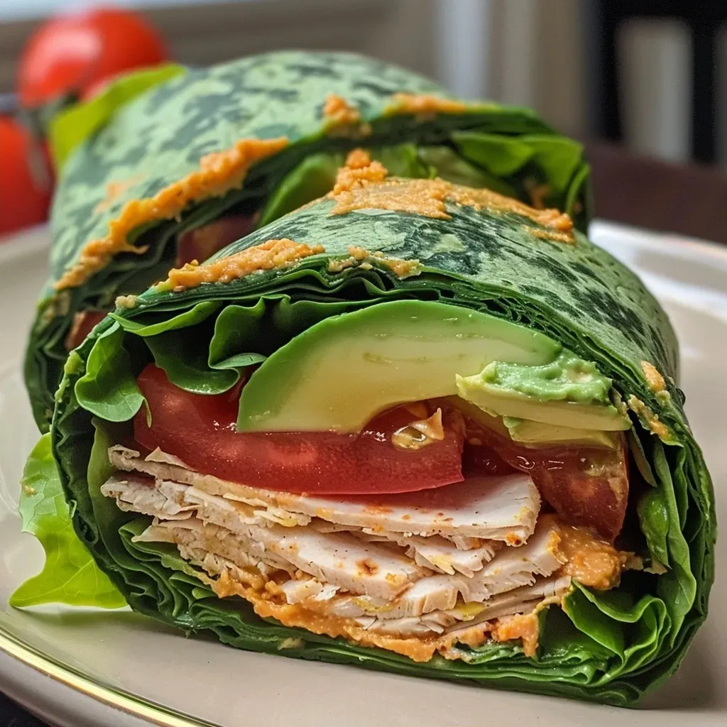 ['Wraps de peru com espinafre e ingredientes frescos.', 'Close-up de wraps saudáveis recheados com peru e abacate.', 'Imagem de wraps de espinafre com alface e tomate.', 'Montagem de wraps de peru com queijo e molhos leves.']