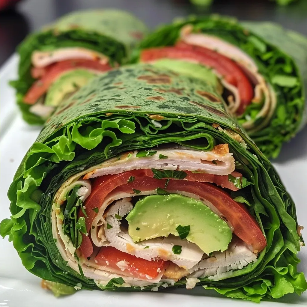 ['Wraps de peru com espinafre, recheados com ingredientes frescos.', 'Close-up de um wrap de peru e espinafre, mostrando suas camadas.', 'Wraps saudáveis com peru, espinafre e vegetais coloridos.', 'Aperitivo leve, com wraps de espinafre recheados de peru e abacate.']