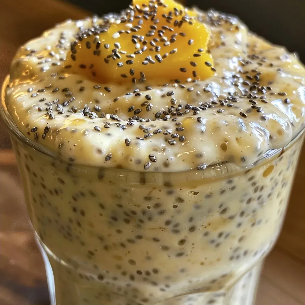 ['Bebida espessa de café da manhã com manga e sementes de chia.', 'Close de um copo com bebida de manga e chia.', 'Bebida refrescante de coco, manga e chia em copo.', 'Mistura de chia e manga em bebida saudável.']