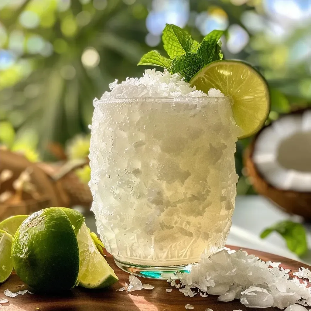 ['Bebida refrescante de coco em um copo com gelo e guarnição de hortelã.', 'Close up de uma Coconut Soda Trick com espuma e leaves de hortelã.', 'Mistura de água de coco e água com gás em um copo transparente.', 'Bebida de coco gelada com limão e mel, servida em copo elegante.']