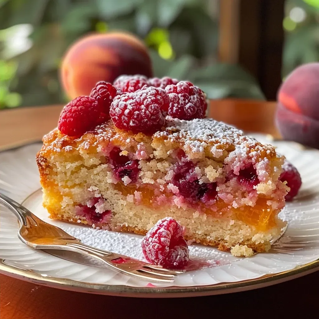 ['Bolo de framboesa e pêssego em uma vista lateral, com camadas suculentas visíveis.', 'Vista lateral de um bolo de pêssego e framboesa, destacando suas cores vibrantes.', 'Detalhe lateral de um bolo delicioso, com camadas de framboesa e pêssego.', 'Bolo de framboesa e pêssego em close, mostrando a textura e os ingredientes frescos.']