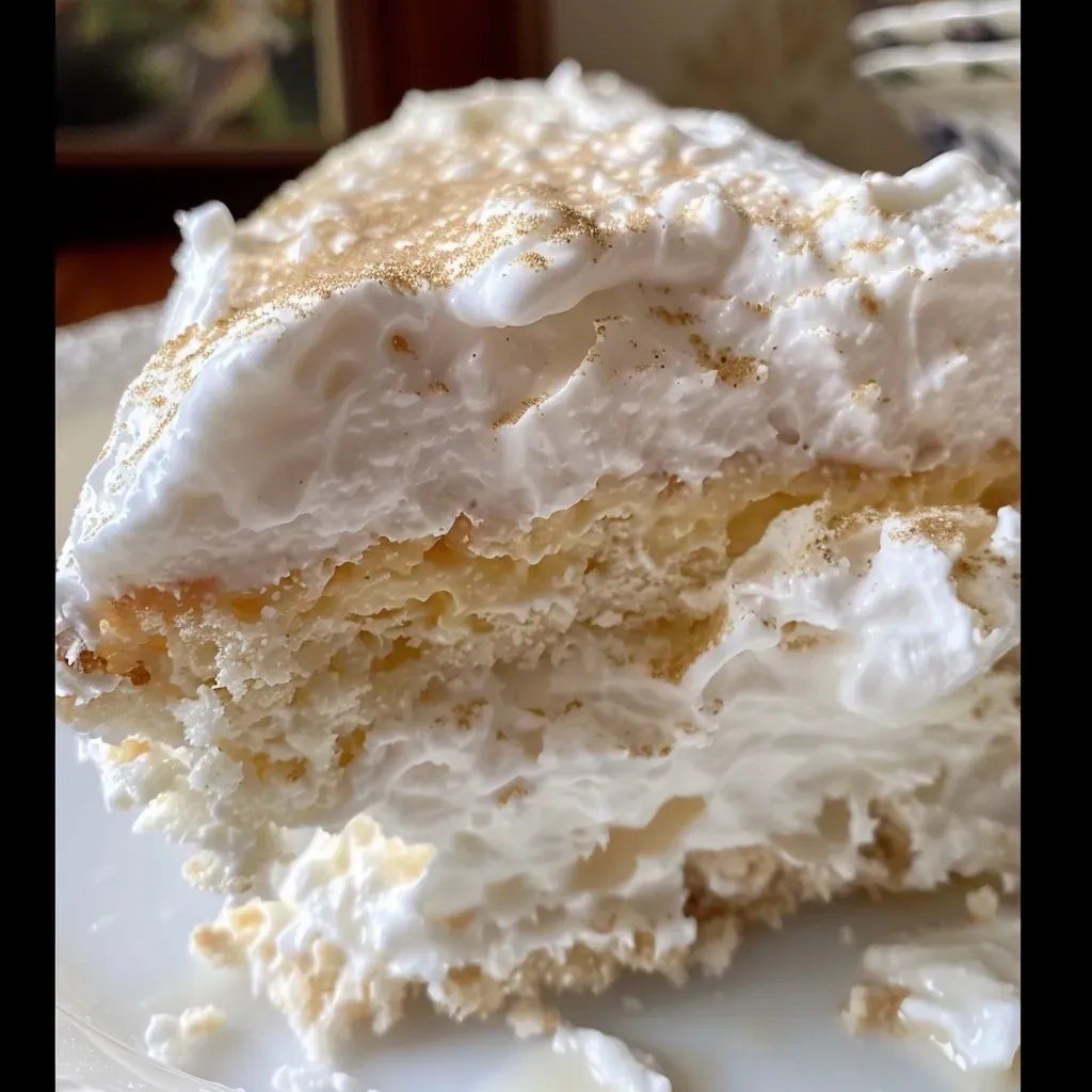 ['Bolo de maracujá e coco com camadas de merengue.', 'Close de fatia de bolo de maracujá com cobertura de merengue.', 'Bolo de maracujá decorado com coco e merengue.', 'Detalhe de bolo de maracujá e coco, visível a textura do merengue.']